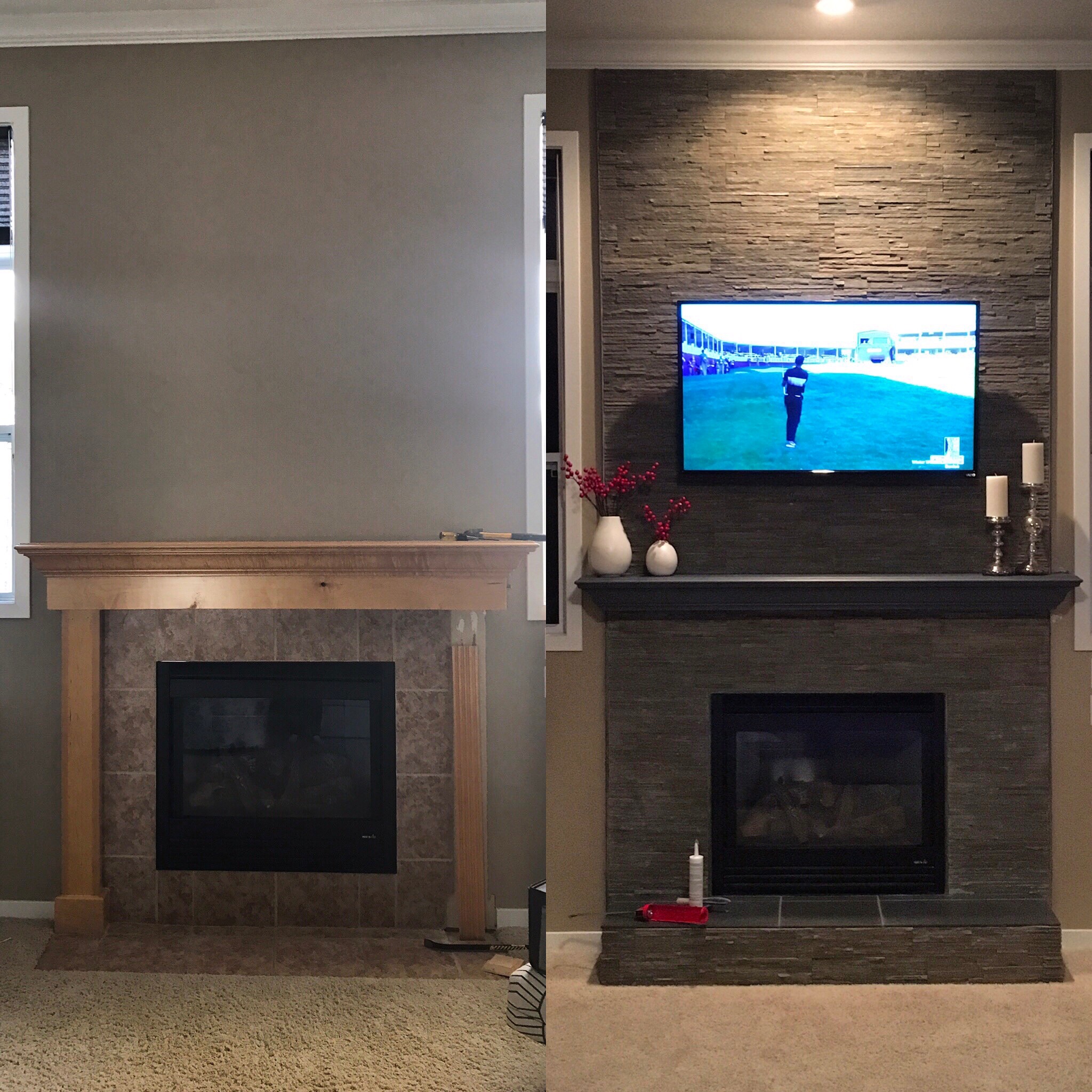 Before and after comparison of fireplace build-out project in Grand Rapids showing original mantel and finished stone feature wall
